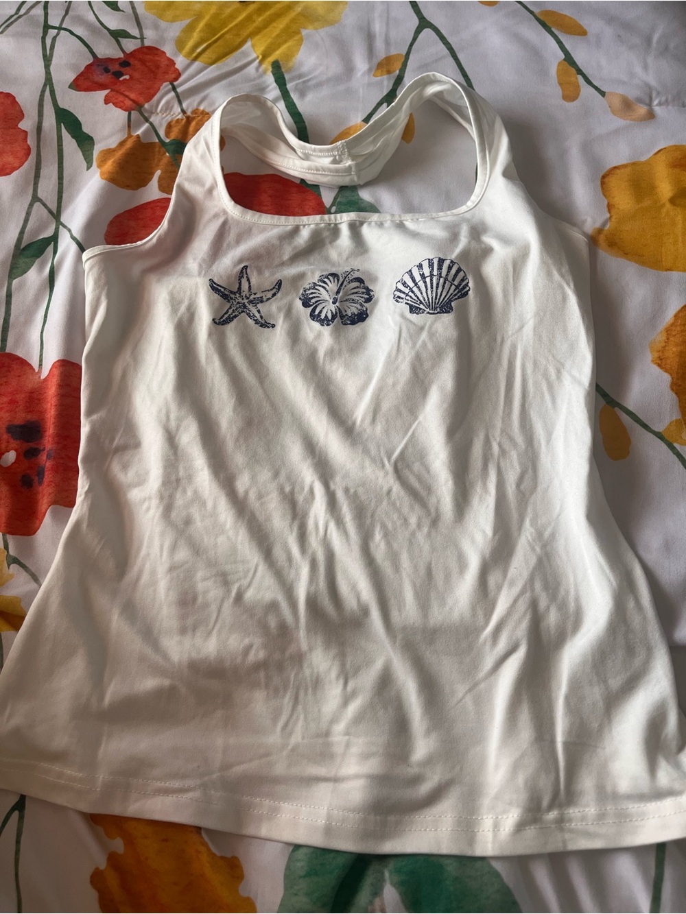 White Racerback Tank with Navy Shell & Starfish Motif